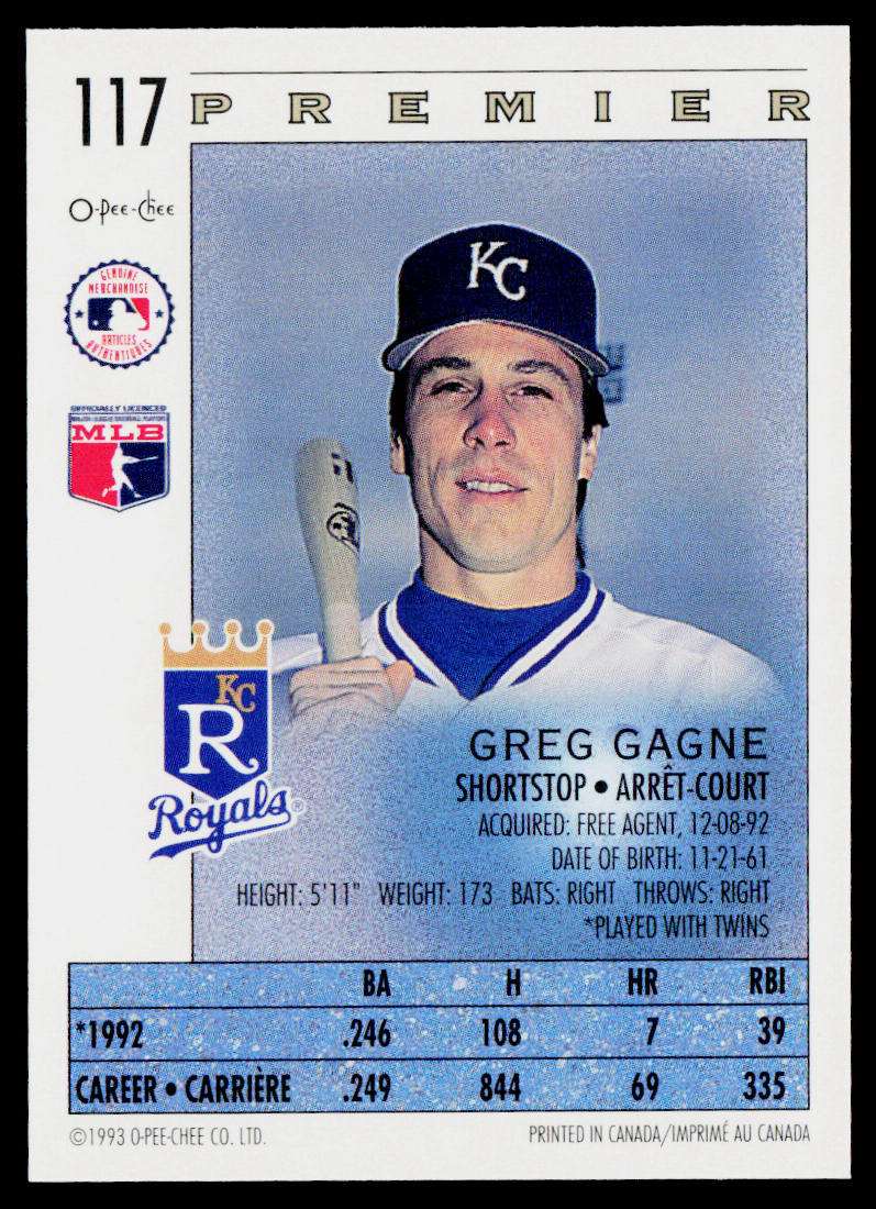 Greg Gagne 1993 O-Pee-Chee Premier #117 Kansas City Royals
