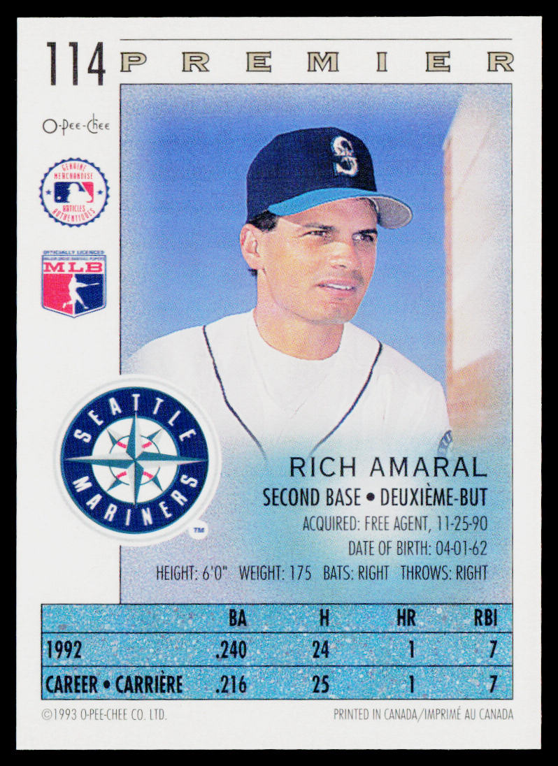 Rich Amaral 1993 O-Pee-Chee Premier #114 Seattle Mariners