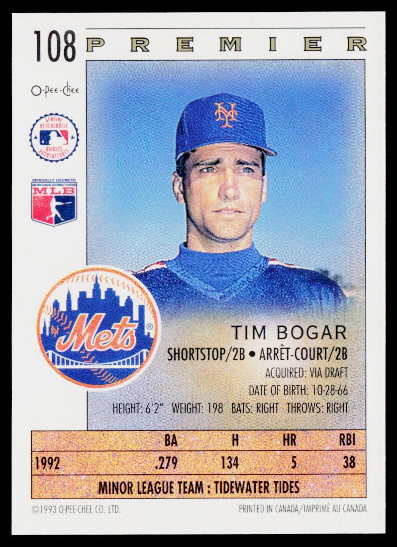 Tim Bogar 1993 O-Pee-Chee Premier #108 RC New York Mets