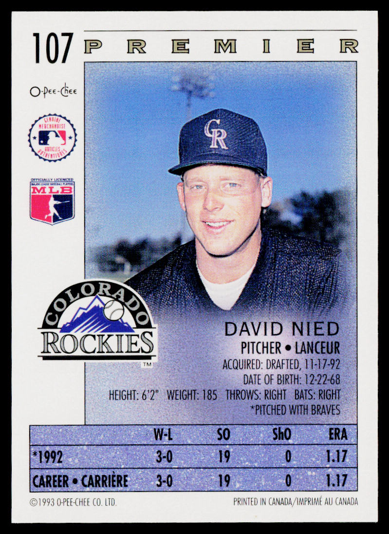 David Nied 1993 O-Pee-Chee Premier #107 Colorado Rockies