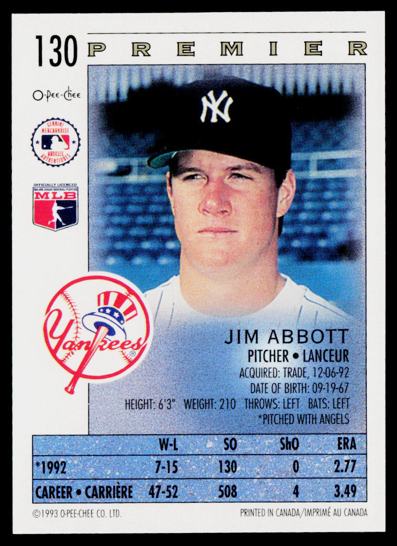 Jim Abbott 1993 O-Pee-Chee Premier #130 New York Yankees