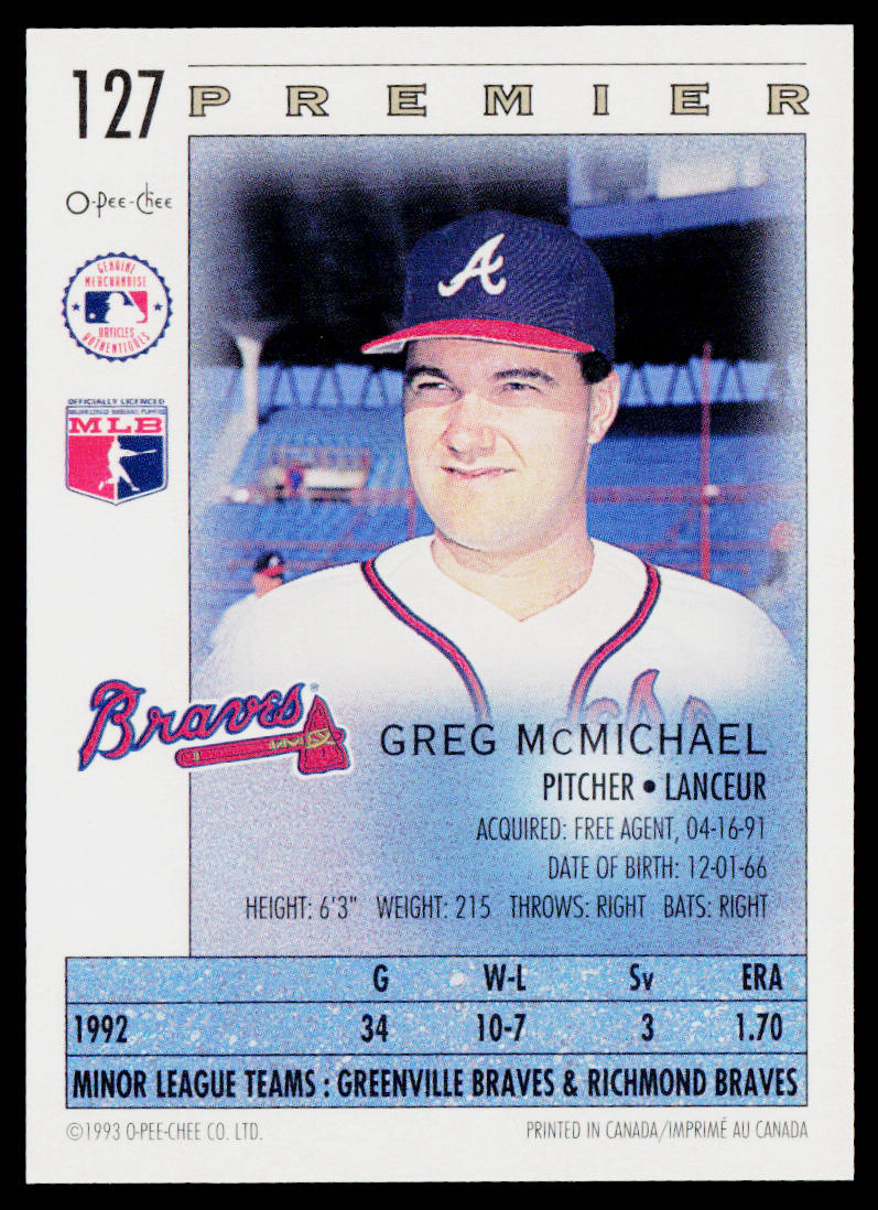 Greg McMichael 1993 O-Pee-Chee Premier #127 RC Atlanta Braves