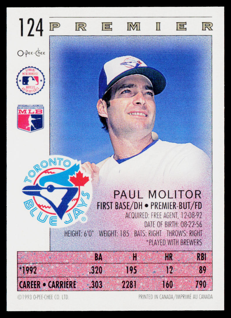 Paul Molitor 1993 O-Pee-Chee Premier #124 Toronto Blue Jays