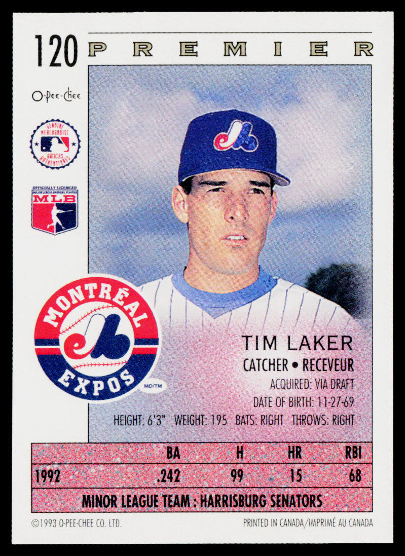 Tim Laker 1993 O-Pee-Chee Premier #120 RC Montreal Expos