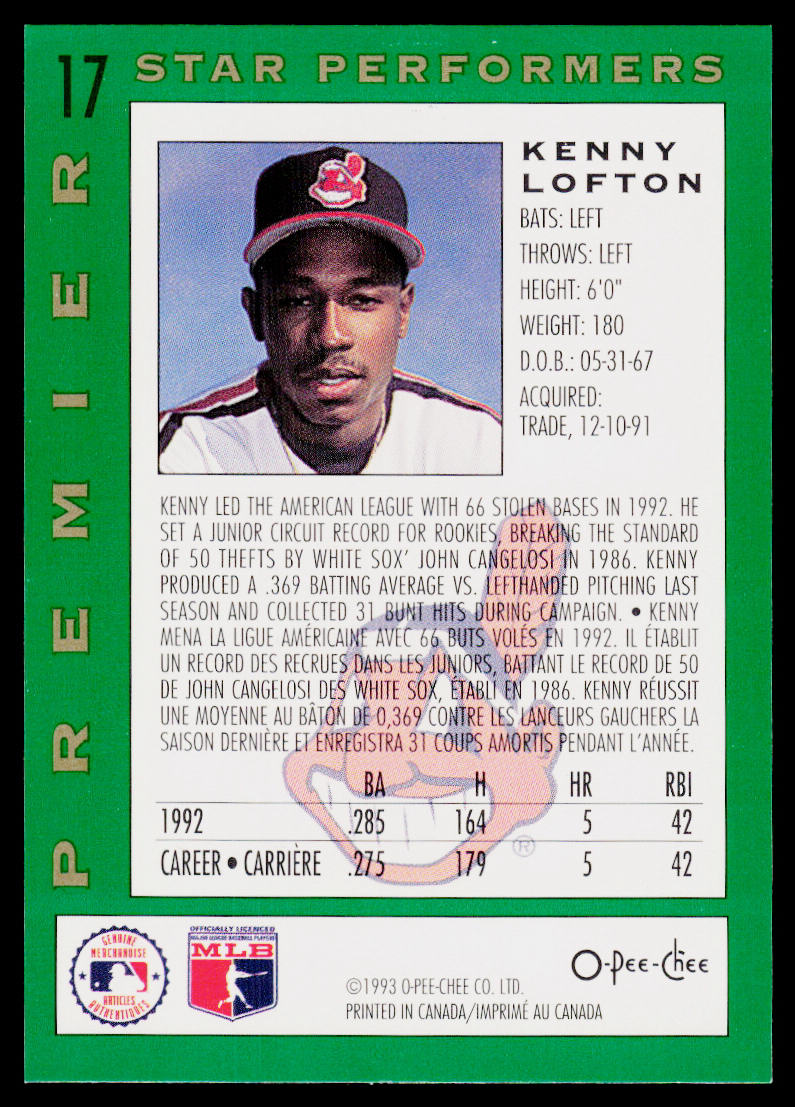 Kenny Lofton 1993 O-Pee-Chee Premier Star Performers #17 Cleveland Indians