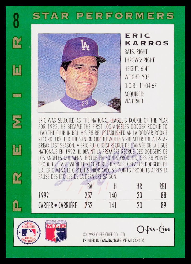 Eric Karros 1993 O-Pee-Chee Premier Star Performers #8 Los Angeles Dodgers