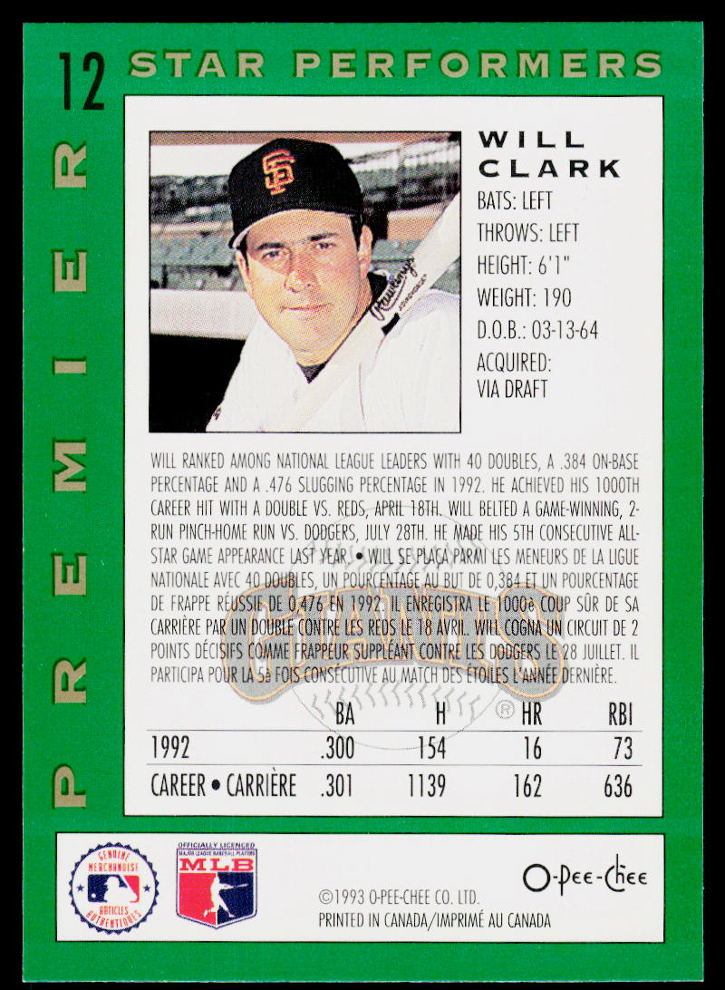 Will Clark 1993 O-Pee-Chee Premier Star Performers #12 San Francisco Giants