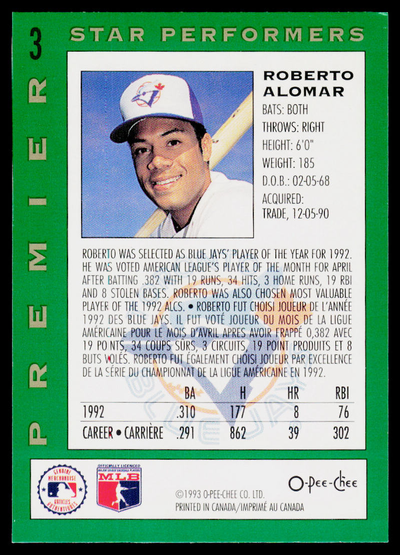 Roberto Alomar 1993 O-Pee-Chee Premier Star Performers #3 Toronto Blue Jays