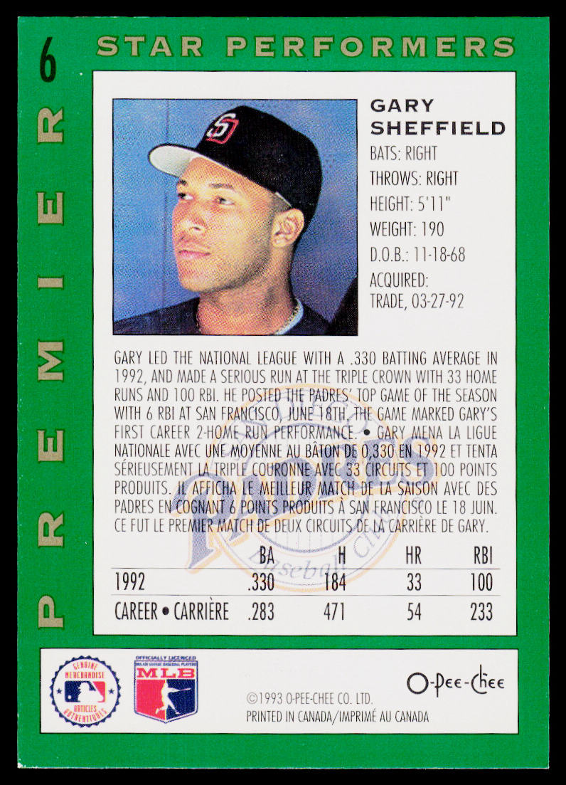 Gary Sheffield 1993 O-Pee-Chee Premier Star Performers #6 San Diego Padres