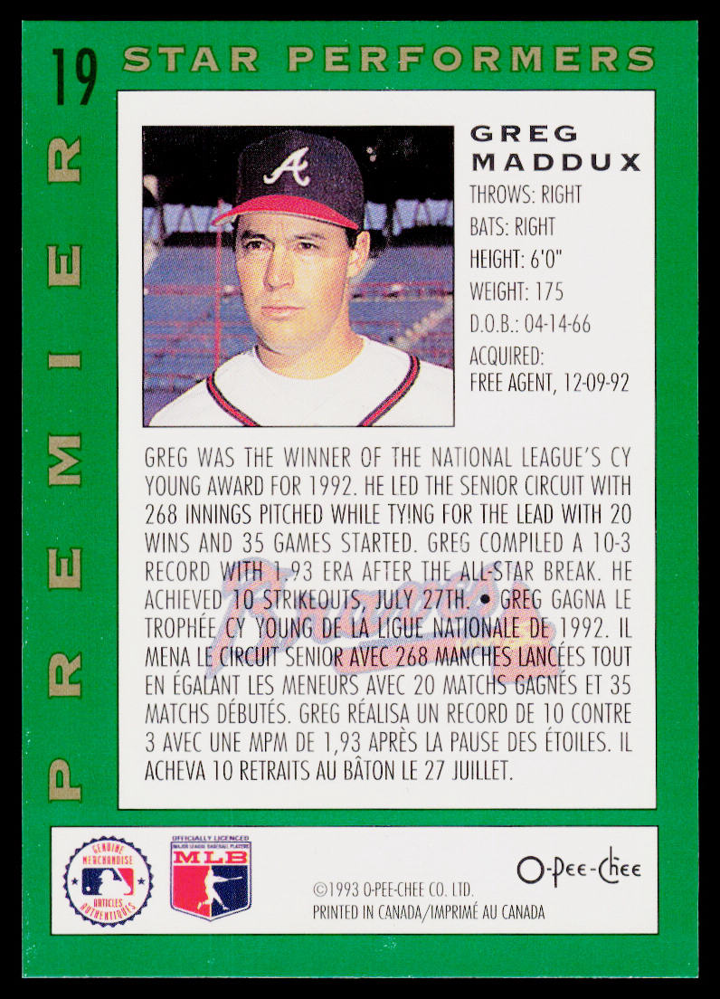 Greg Maddux 1993 O-Pee-Chee Premier Star Performers #19 Atlanta Braves