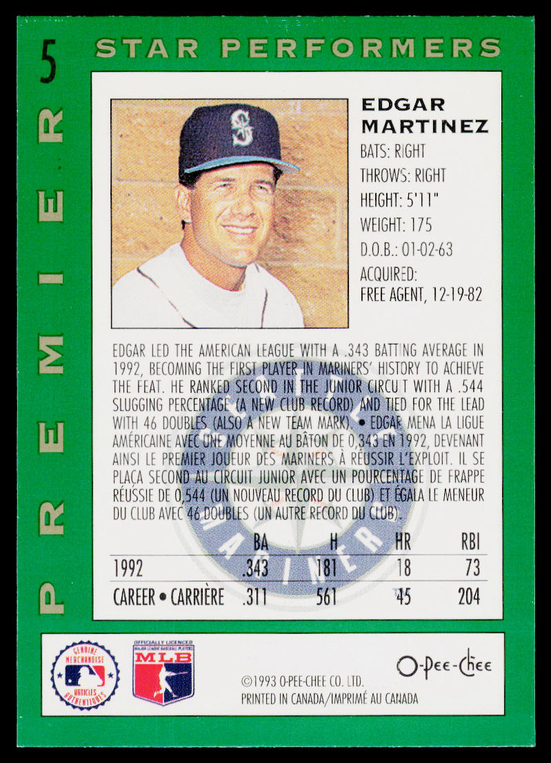 Edgar Martinez 1993 O-Pee-Chee Premier Star Performers #5 Seattle Mariners