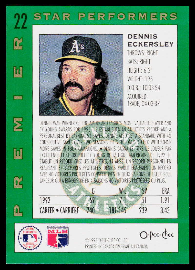 Dennis Eckersley 1993 O-Pee-Chee Premier Star Performers #22 Oakland Athletics