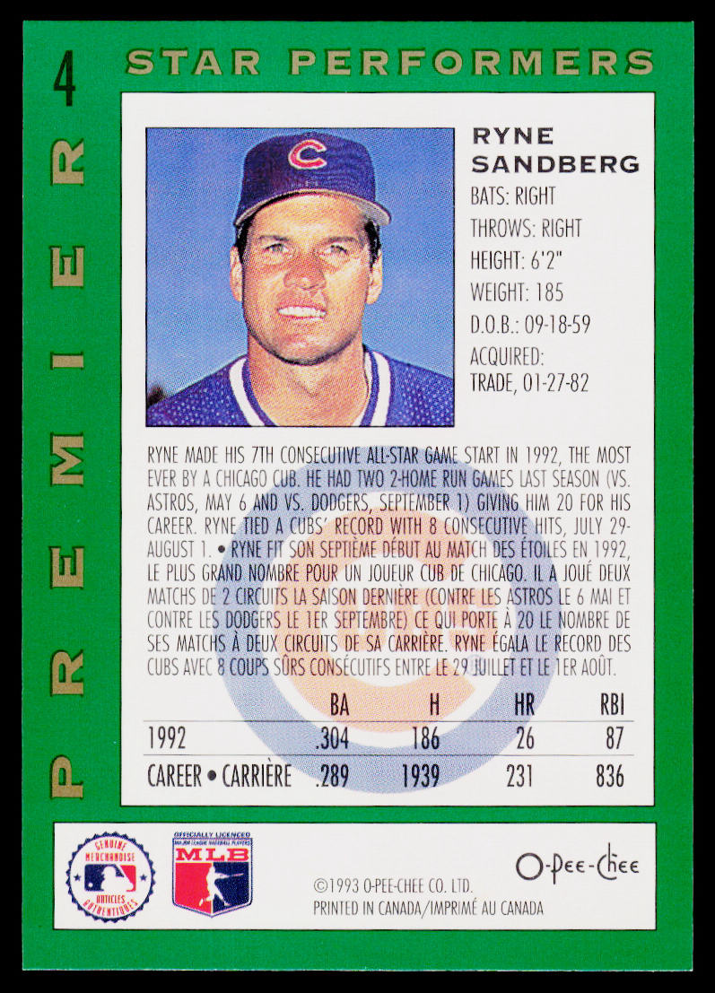 Ryne Sandberg 1993 O-Pee-Chee Premier Star Performers #4 Chicago Cubs