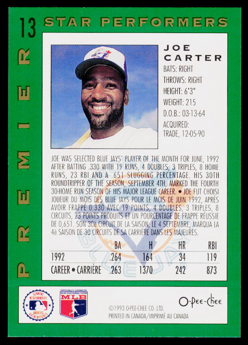 Joe Carter 1993 O-Pee-Chee Premier Star Performers #13 Toronto Blue Jays