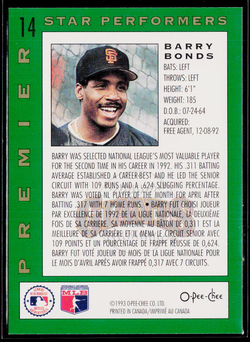 Barry Bonds 1993 O-Pee-Chee Premier Star Performers #14 San Francisco Giants