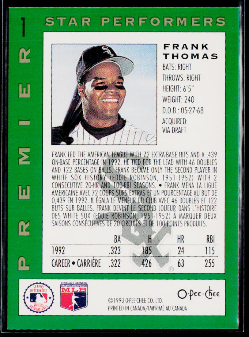 Frank Thomas 1993 O-Pee-Chee Premier Star Performers #1 Chicago White Sox