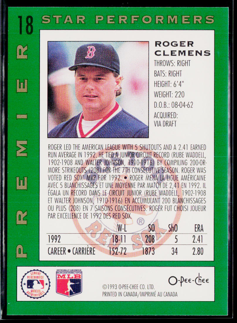 Roger Clemens 1993 O-Pee-Chee Premier Star Performers #18 Boston Red Sox