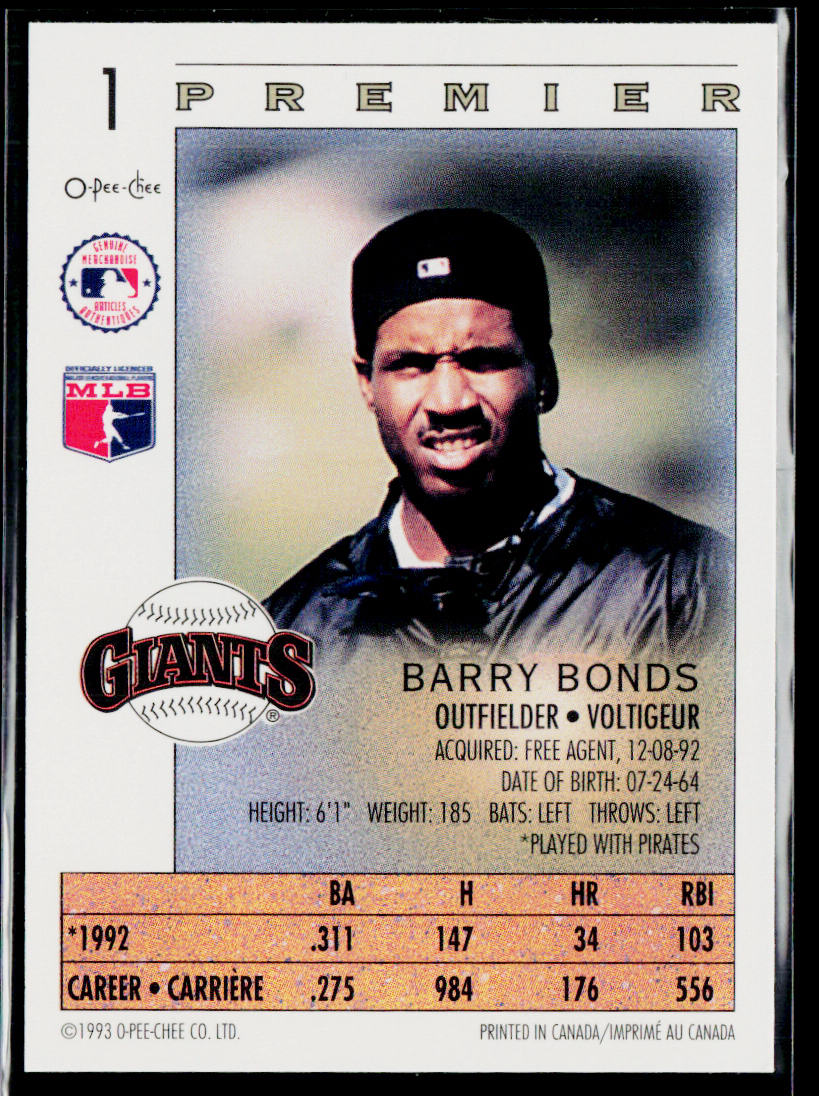 Barry Bonds 1993 O-Pee-Chee Premier #1 San Francisco Giants