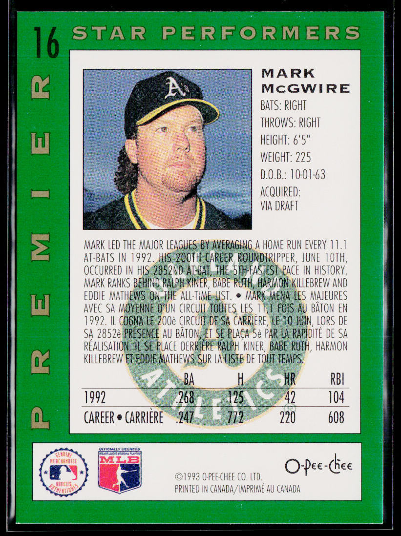 Mark McGwire 1993 O-Pee-Chee Premier Star Performers #16 Oakland Athletics