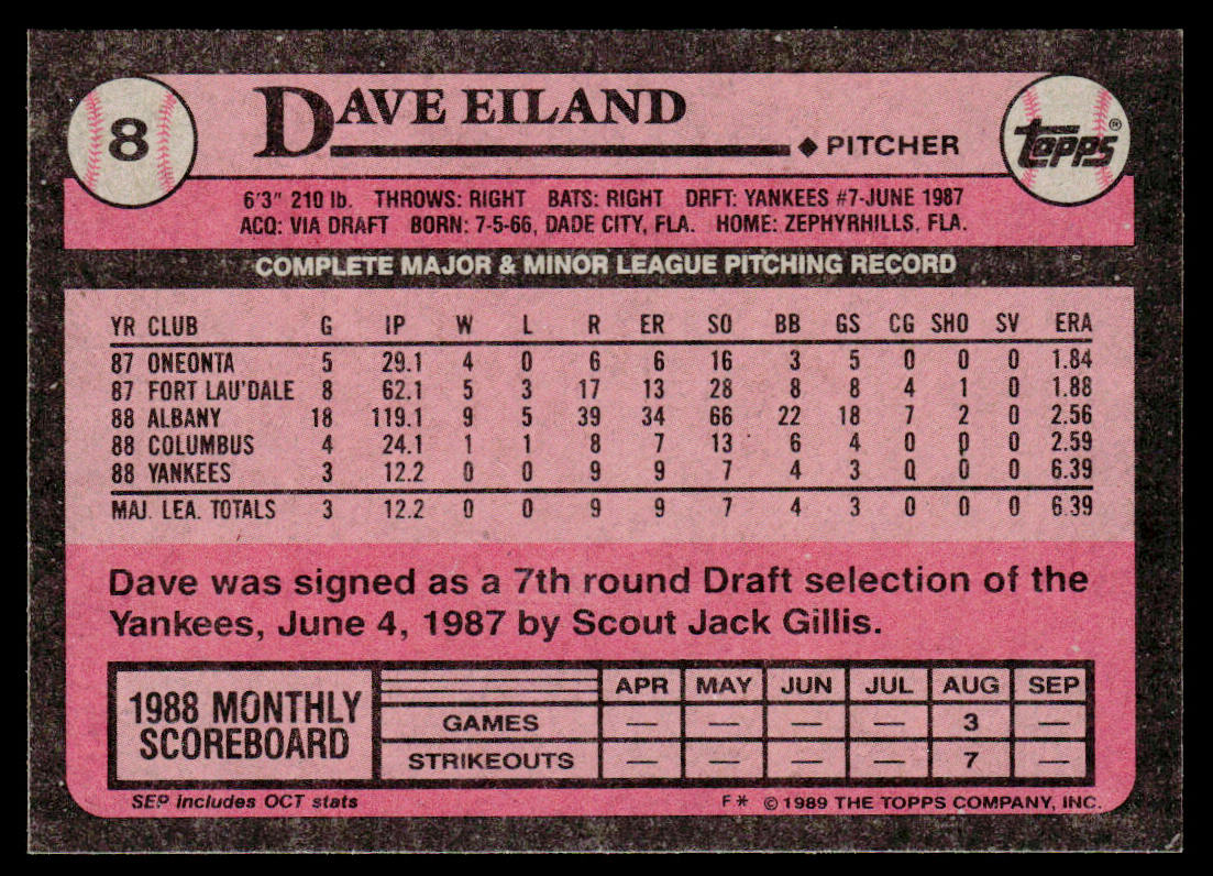 Dave Eiland 1989 Topps #8 RC New York Yankees
