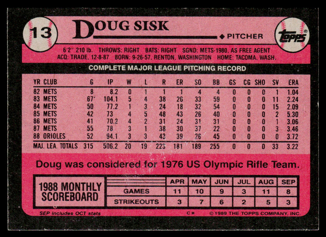 Doug Sisk 1989 Topps #13 Baltimore Orioles