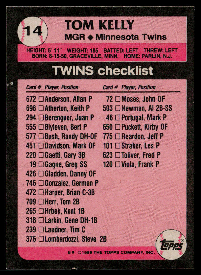 Tom Kelly 1989 Topps #14 Minnesota Twins