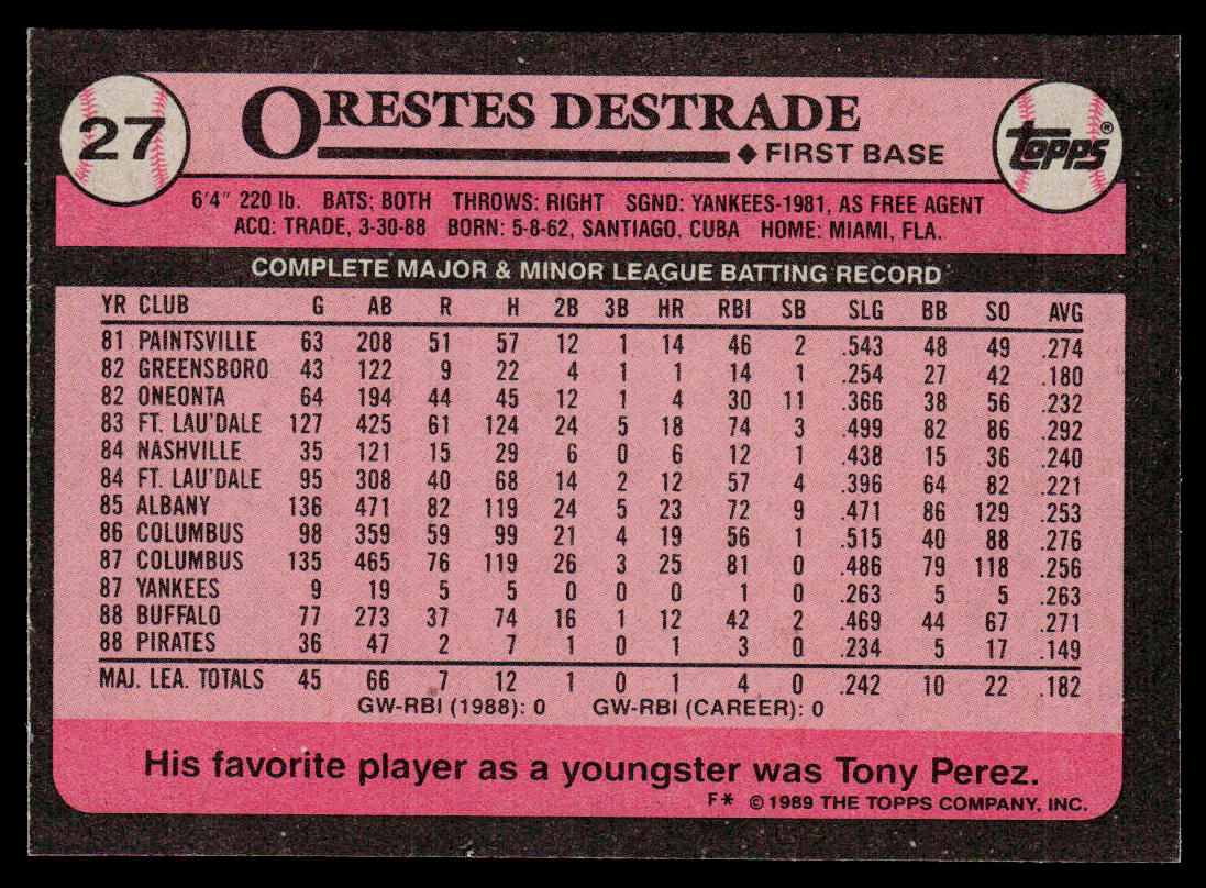 Orestes Destrade 1989 Topps #27b RC F* next to copyright Pittsburgh Pirates