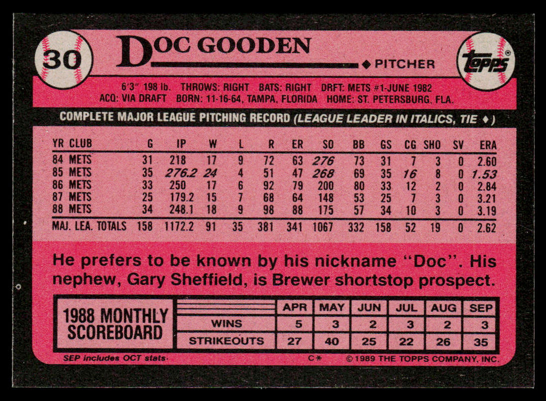 Doc Gooden 1989 Topps #30 New York Mets