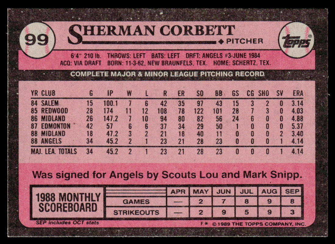 Sherman Corbett 1989 Topps #99 RC California Angels
