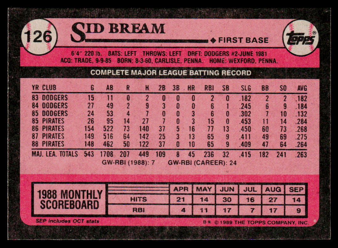 Sid Bream 1989 O-Pee-Chee #126 Pittsburgh Pirates