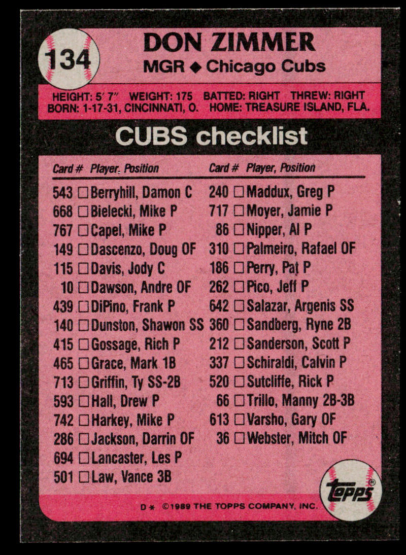 Don Zimmer 1989 Topps #134 Chicago Cubs