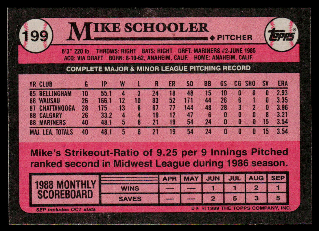 Mike Schooler 1989 Topps #199 RC Seattle Mariners