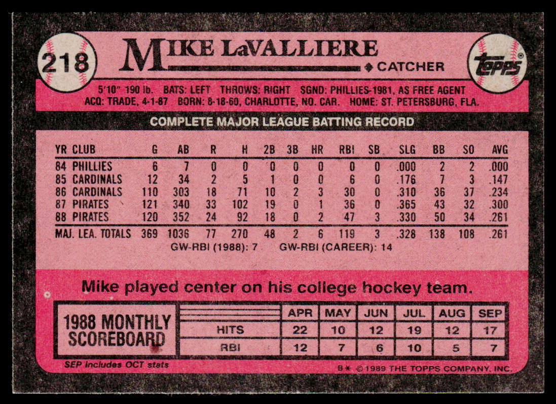 Mike LaValliere 1989 Topps #218 Pittsburgh Pirates