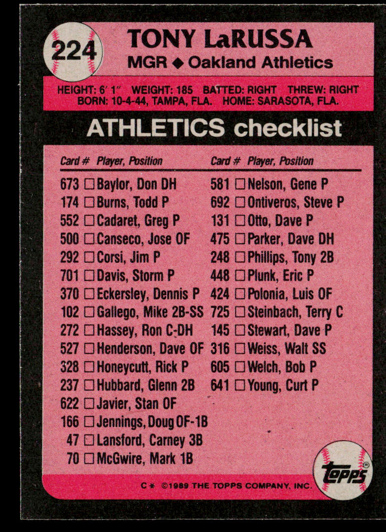 Tony LaRussa 1989 Topps #224 Oakland Athletics