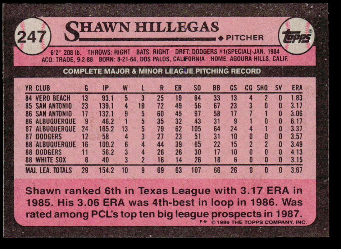 Shawn Hillegas 1989 Topps #247 Chicago White Sox