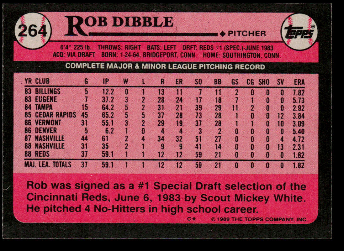 Rob Dibble 1989 Topps #264 RC Cincinnati Reds