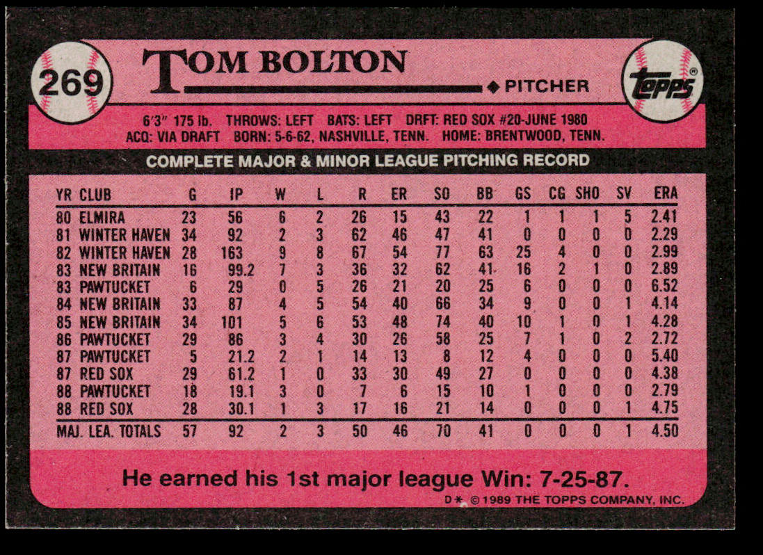 Tom Bolton 1989 Topps #269 Boston Red Sox