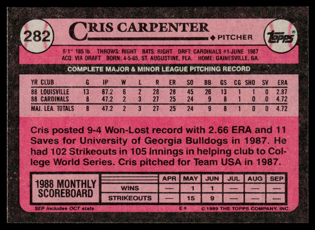 Cris Carpenter 1989 Topps #282 RC St. Louis Cardinals