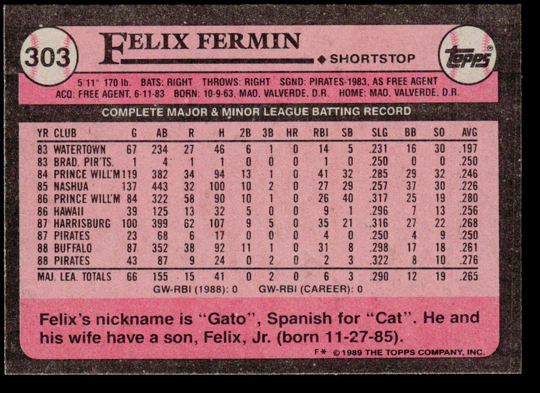 Felix Fermin 1989 Topps #303b "* F*" on copyright line Pittsburgh Pirates