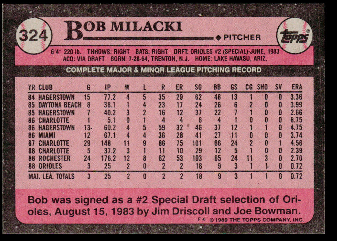 Bob Milacki 1989 Topps #324 RC Baltimore Orioles