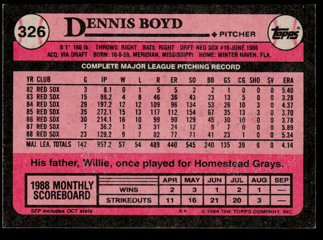 Dennis Boyd 1989 Topps #326 Boston Red Sox