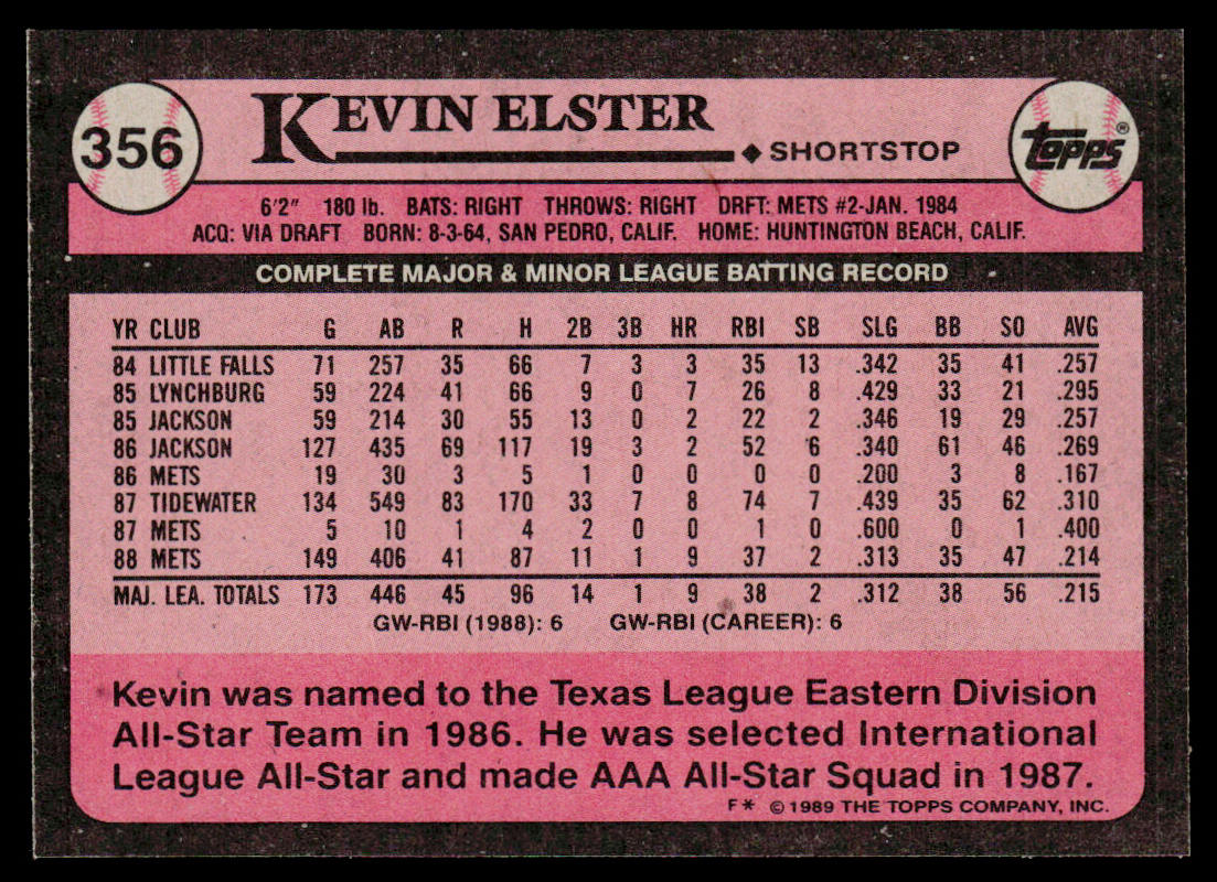 Kevin Elster 1989 Topps #356 New York Mets
