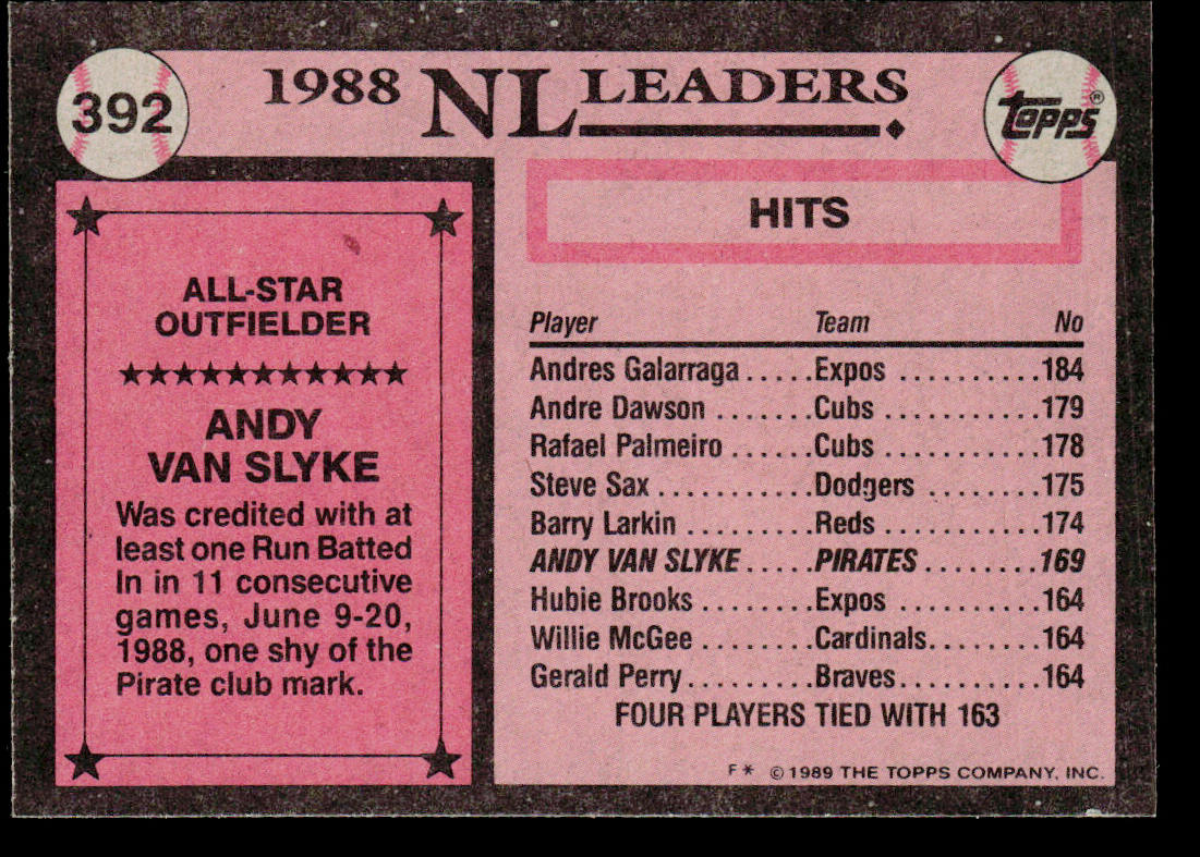 Andy Van Slyke 1989 Topps #392 Pittsburgh Pirates
