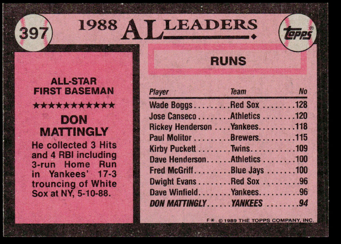 Don Mattingly 1989 Topps #397 New York Yankees