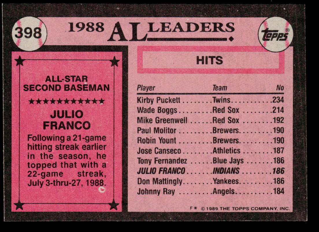 Julio Franco 1989 Topps #398 Cleveland Indians