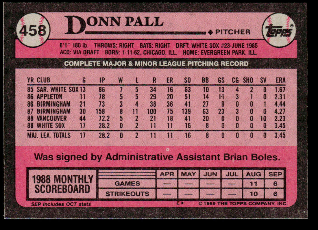 Donn Pall 1989 Topps #458 RC Chicago White Sox