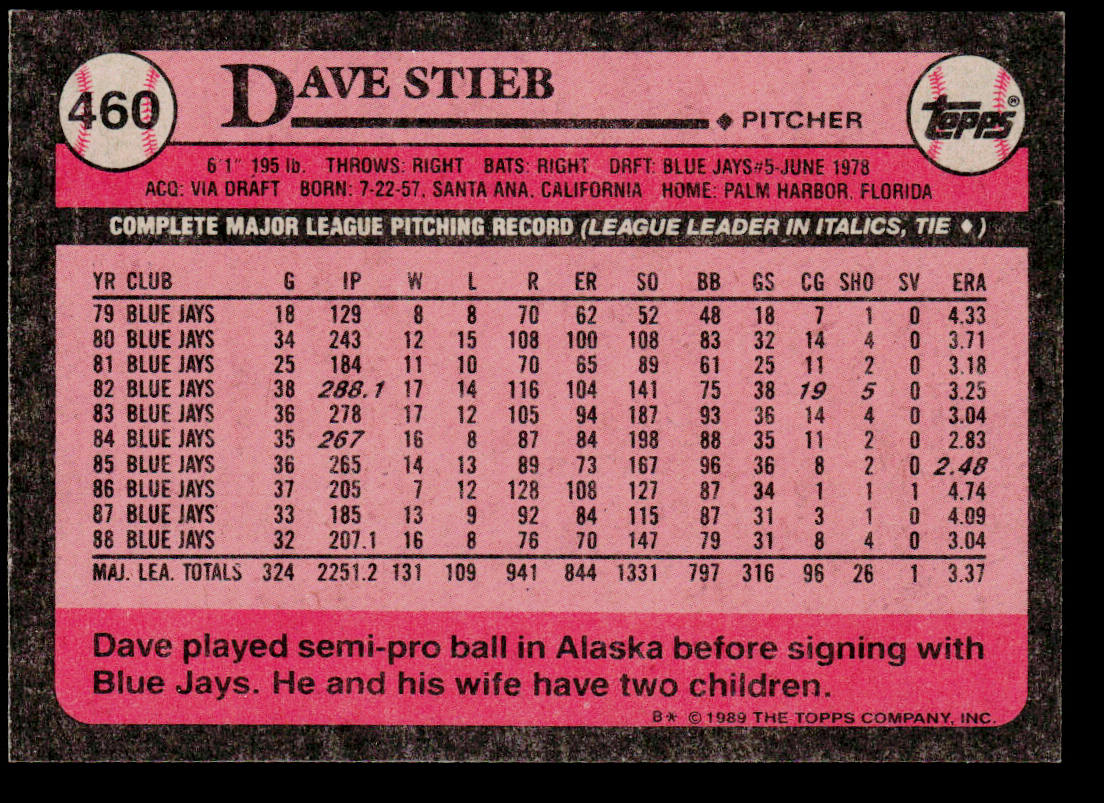 Dave Stieb 1989 Topps #460 Toronto Blue Jays