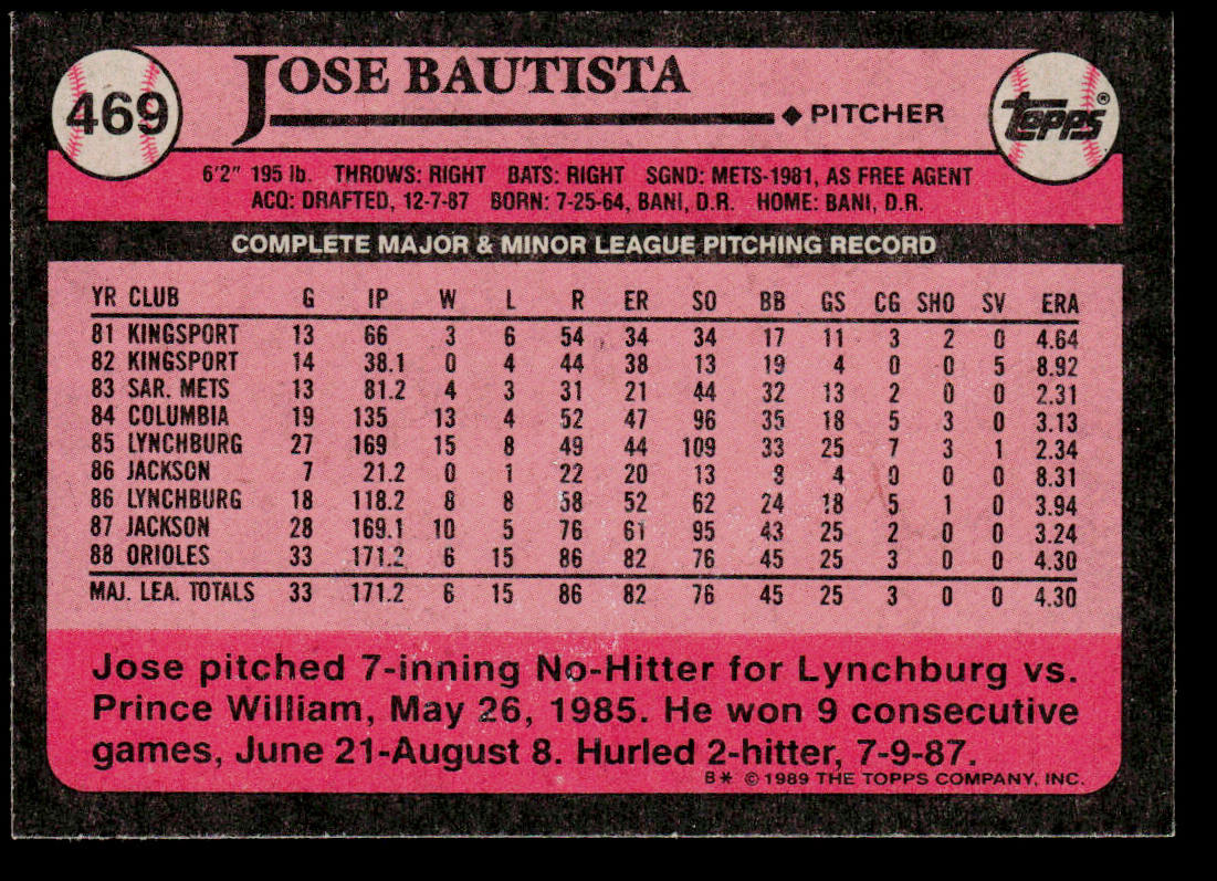 Jose Bautista 1989 Topps #469 RC Baltimore Orioles