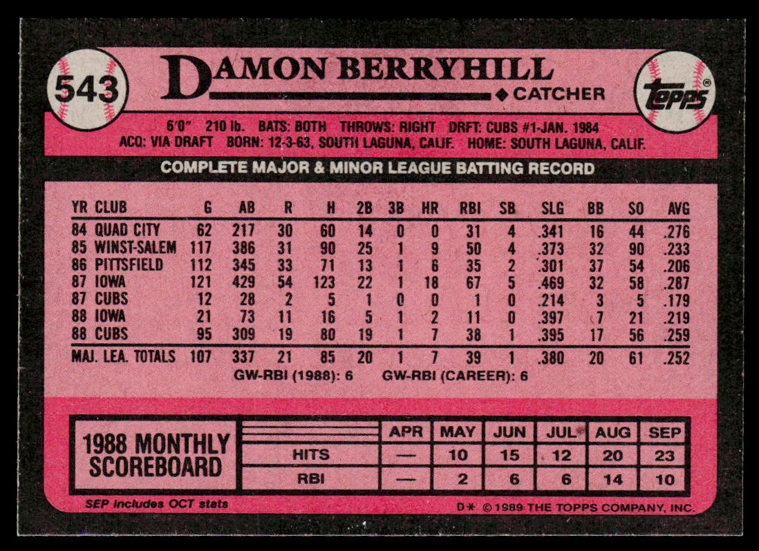 Damon Berryhill 1989 Topps #543 Chicago Cubs