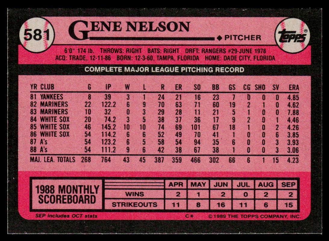 Gene Nelson 1989 Topps #581 Oakland Athletics
